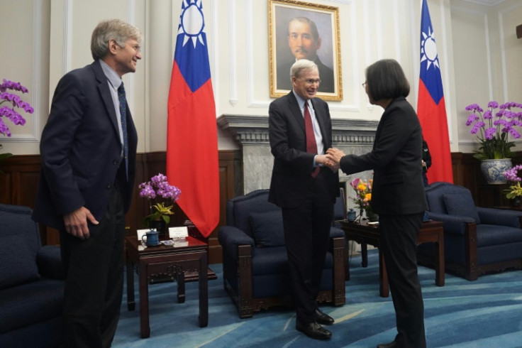 Taiwan President Tsai Ing-wen meets a US delegation during their visit to Taipei on January 15, 2024