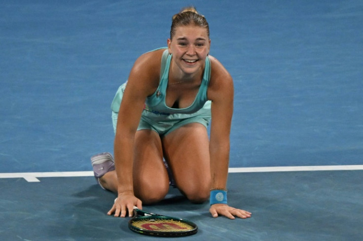 Russia's Maria Timofeeva celebrates after beating Caroline Wozniacki at the Australian Open