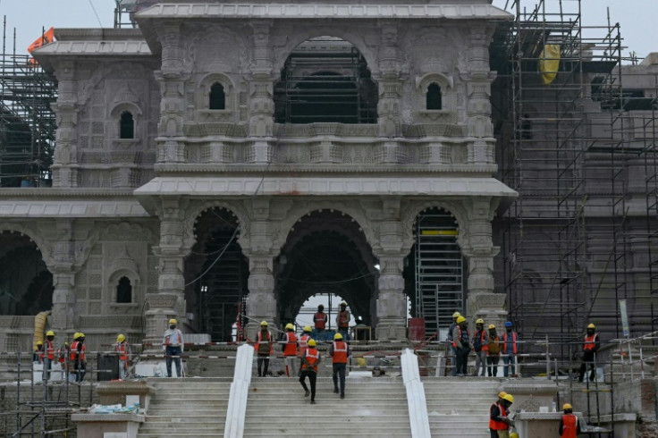 Workers at the construction site of a temple to Hindu deity Ram in Ayodhya on December 29