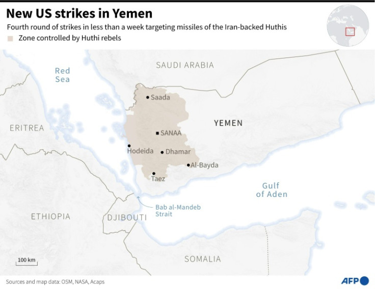 Map of the Red Sea and Yemen showing some of the areas close to where the United States conducted strikes on Huthi missiles.