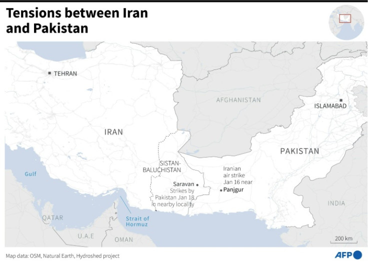 Map showing Iran and Pakistan and approximate locations of strikes conducted by each country on January 16 and 18.