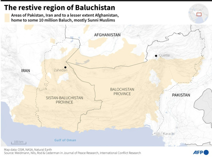 Map of the border region between Iran, Afghanistan and Pakistan, home to 10 million Baluch, most of them Sunni Muslims.