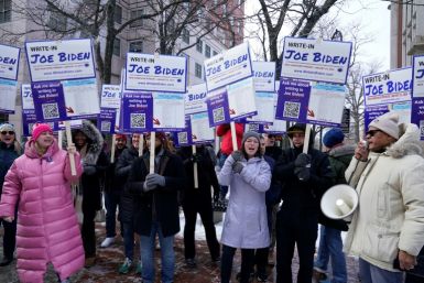 Supporters demonstrate at a Joe Biden Write-In Rally in Manchester, New Hampshire, on January 20, 2024