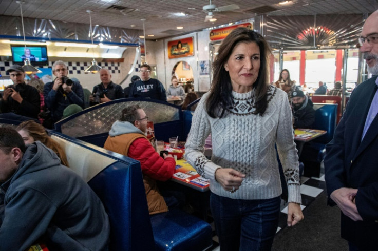 Republican presidential hopeful Nikki Haley, pictured at a diner in Derry, New Hampshire on January 21, 2024, is 15 points behind Trump in polling for New Hampshire