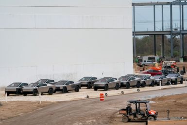 Newly manufactured Tesla Cybertrucks at the company's Giga Texas factory in December 2023 weeks after it commenced deliveries of the futuristic vehicle