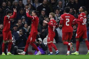 Liverpool celebrate Luis Diaz's goal against Fulham