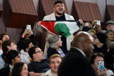 A pro-Palestinian protestor shouts against Israel's offensive in Gaza as US President Joe Biden speaks during a campaign rally in Manassas, Virginia on January 23, 2024