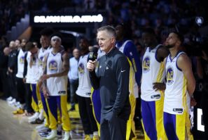 Golden State head coach Steve Kerr leads the tributes to late assistant coach Dejan Milojevic during a pre-game ceremony on Wednesday