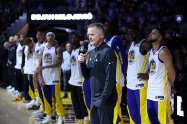 Golden State head coach Steve Kerr leads the tributes to late assistant coach Dejan Milojevic during a pre-game ceremony on Wednesday
