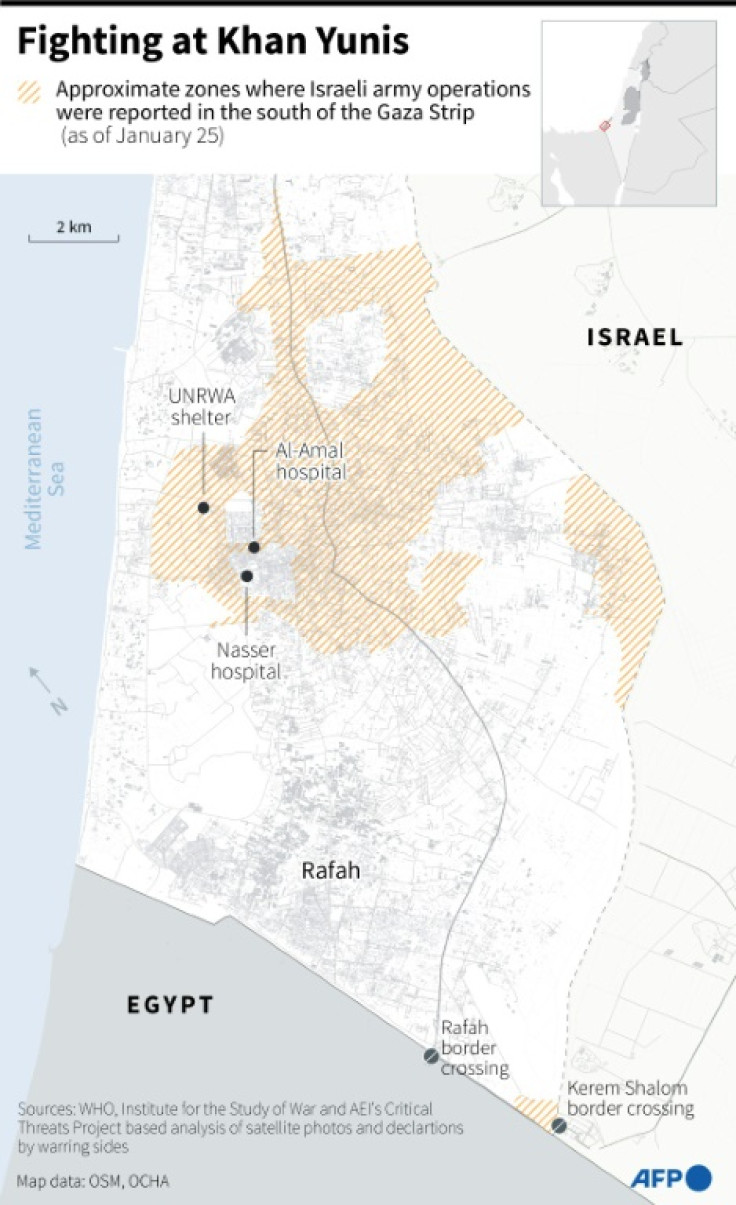 Map of the southern Gaza Strip showing combat zones and the Nasser and Al-Amal hospitals.