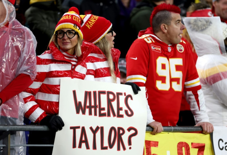 Where's Taylor: A fan displays a sign for Taylor Swift at the AFC Championship game between the Kansas City Chiefs and Baltimore Ravens