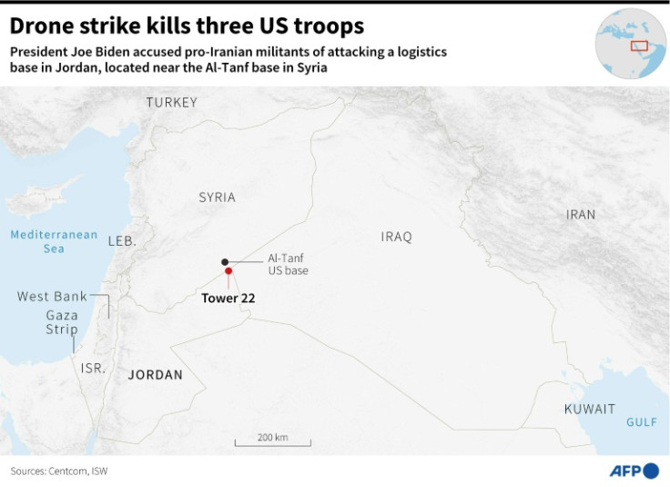 Map of the Middle East showing the location of the US base at Al-Tanf in Syria and the Tower 22 logistics base in Jordan, where 3 US servicemen were killed in a drone attack on January 28.
