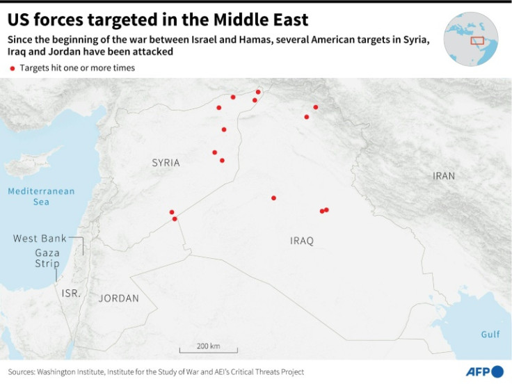 Map of Syria, Iraq and Jordan where US targets - including military bases - have been hit by strikes since the start of the war between Israel and Hamas