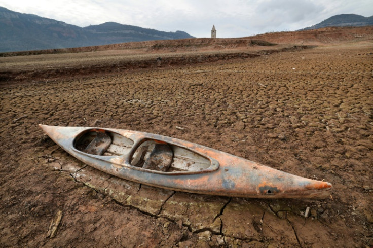 A kayak in a dried-out reservoir in Girona in Catalonia