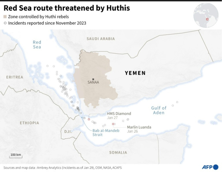 Map of the Red Sea and the Gulf of Aden, showing the positions of ships during incidents attributed to Huthi rebels since November 2023