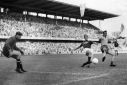 Kurt Hamrin (R) in action for Sweden against the Soviet Union in the 1958 World Cup