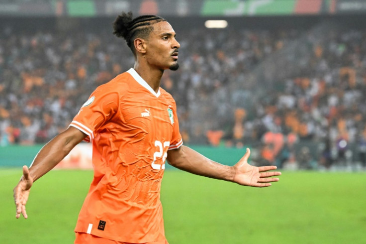 Sebastien Haller celebrates scoring for the Ivory Coast against DR Congo.