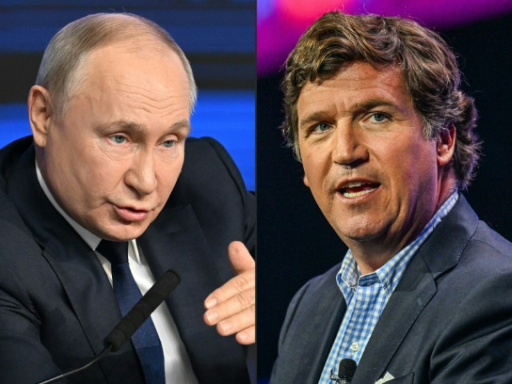 (COMBO) This combination of file pictures created on February 6, 2024, shows Russian President in Moscow and US conservative political commentator Tucker Carlson in West Palm Beach, Florida