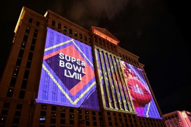 Super Bowl billboards light up Caesars Palace ahead of Sunday's NFL Championship game in Las Vegas