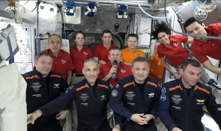 The Axiom Mission 3 (Ax-3) members (L-R, front) Commander Michael Lopez-Alegria of Spain, Pilot Walter Villadei of Italy, Mission Specialist Alper Gezeravcı of Turkey and Mission Specialist Marcus Wandt of Sweden are joined by the Expedition 70 crew