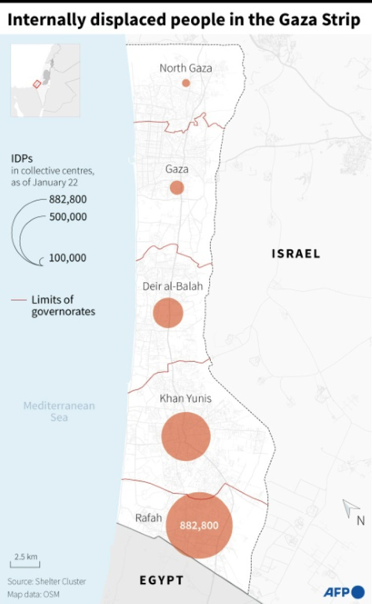 Map of the Gaza Strip with the number of internally displaced people (IDPs) in collective centers, by governorate, according to Shelter Cluster data as of January 22