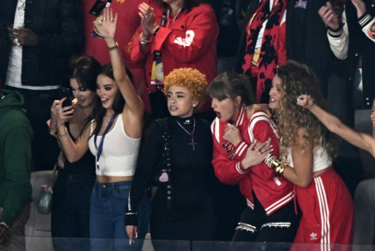 US singer-songwriter Taylor Swift, US actress Blake Lively, US rapper Ice Spice and US singer-songwriter Lana Del Rey react during the Kansas City Chiefs' Super Bowl win over the San Francisco 49ers