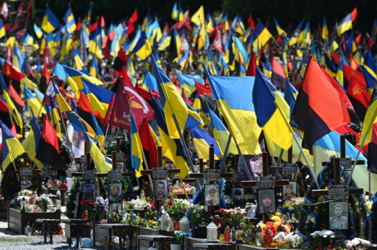 Graves of fallen Ukrainian servicemen at the Lychakiv military cemetery in Lviv on June 1, 2023, amid the Russian invasion