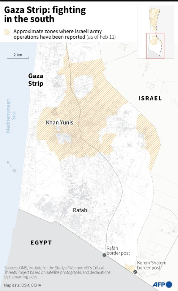 Map of the southern Gaza Strip showing combat zones and the cities of Khan Yunis and Rafah.