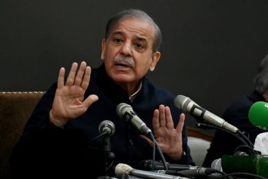 Former Pakistan prime minister and leader of the Pakistan Muslim League-Nawaz (PML-N) party Shehbaz Sharif speaks during a news conference in Lahore