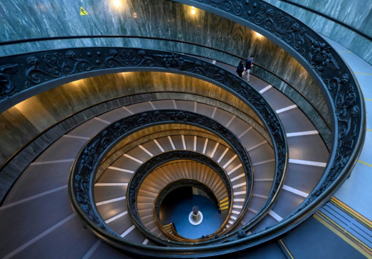 A picture shows the Bramante staircase at the Vatican Museums during a private visit at night on February 13, 2024.