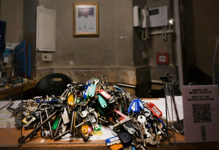 A picture shows mast of keys of the Vatican Museums during a private visit of the museums by night, on February 13, 2024.