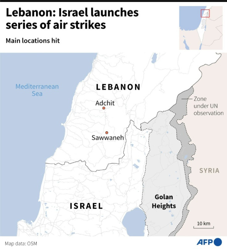 Map showing the border zone between Israel and Lebanon and the villages of Sawwaneh and Adchit, hit by Israeli air strikes