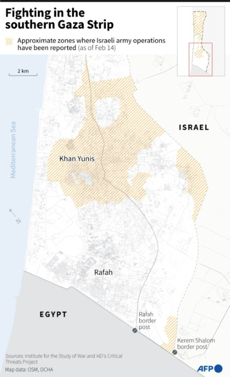 Map of the southern Gaza Strip showing combat zones and the cities of Khan Yunis and Rafah