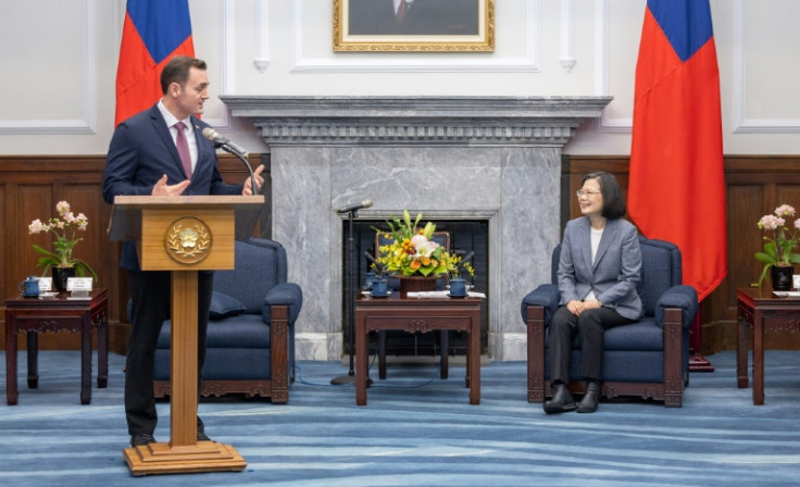 Mike Gallagher (L) heads a five-member delegation that met with Taiwan's President Tsai Ing-wen (R) and Vice President Lai Ching-te (not pictured)