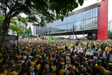 Former Brazilian president Jair Bolsonaro's supporters rally in Sao Paulo in November 2023 for those arrested over the January 8, 2023 attacks on the capital