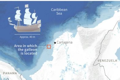 Map of the coast of Colombia showing the area where the Spanish galleon San Jose, sunken off Cartagena since 1708, was found with a valuable treasure that the Colombian government is trying to recover.