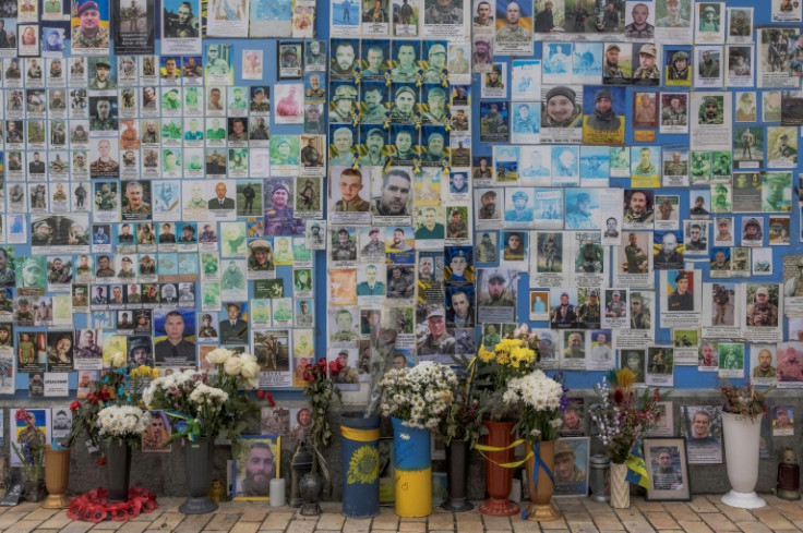 "The Wall of Remembrance of the Fallen for Ukraine" in central Kyiv -- a memorial for tens of thousands of Ukrainians killed in two years of conflict with Russia