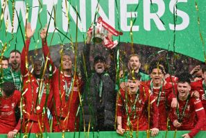 Jurgen Klopp (C) celebrating Liverpool's 'special' League Cup win