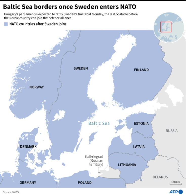 Map of the area around the Baltic Sea showing NATO members once Sweden joins