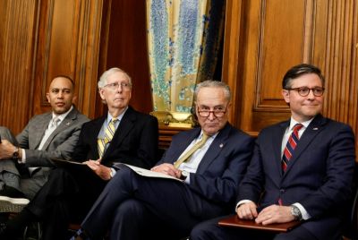 (From left) US House Minority Leader Hakeem Jeffries, Senate Minority Leader Mitch McConnell, Senate Majority Leader Chuck Schumer and House Speaker Mike Johnson have been invited to the Oval Office meeting
