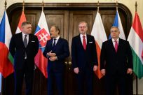 (L-R) Slovakia's Prime Minister Robert Fico, Poland's Prime Minister Donald Tusk, Hungary's Prime Minister Viktor Orban and Czech Republic's Prime Minister Petr Fiala meet in Prague