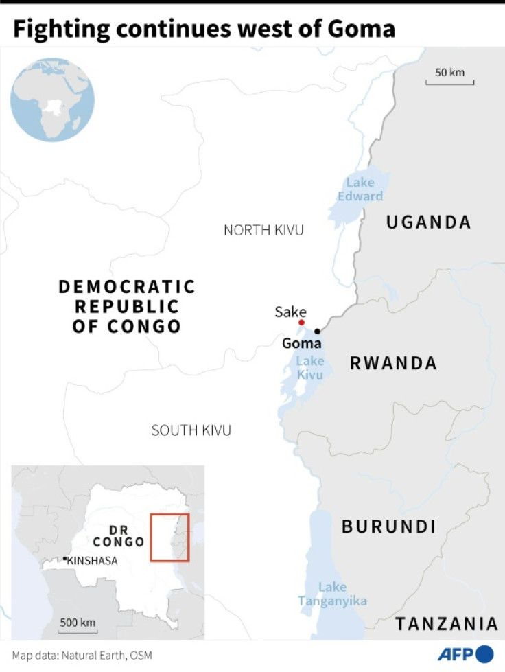 Map of eastern Democratic Republic of Congo, locating Sake and Goma