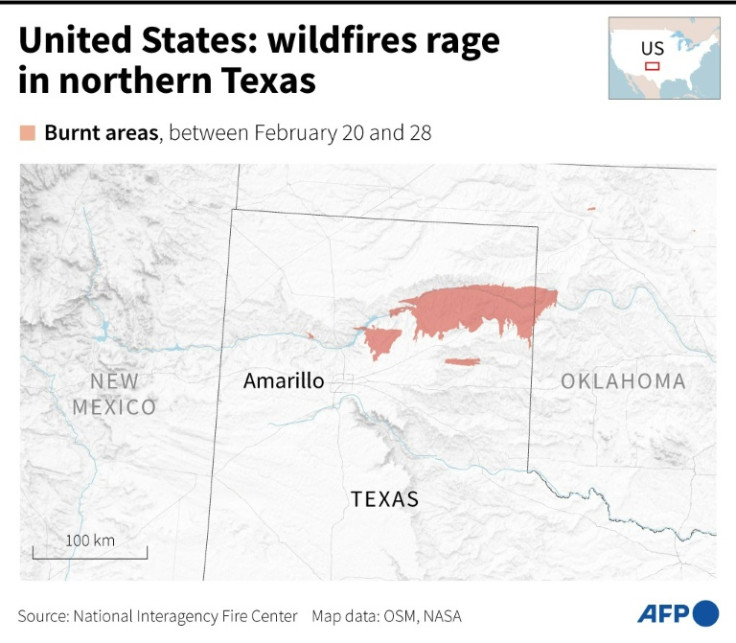 Map of burned areas in Texas as of February 28, 2024, according to the National Interagency Fire Center