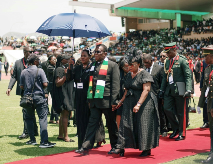 Zimbabwe President Emmerson Mnangagwa arrives at the Independence Stadium in Windhoek, Namibia in February 2024 for the memorial service of late president Hage Geingob