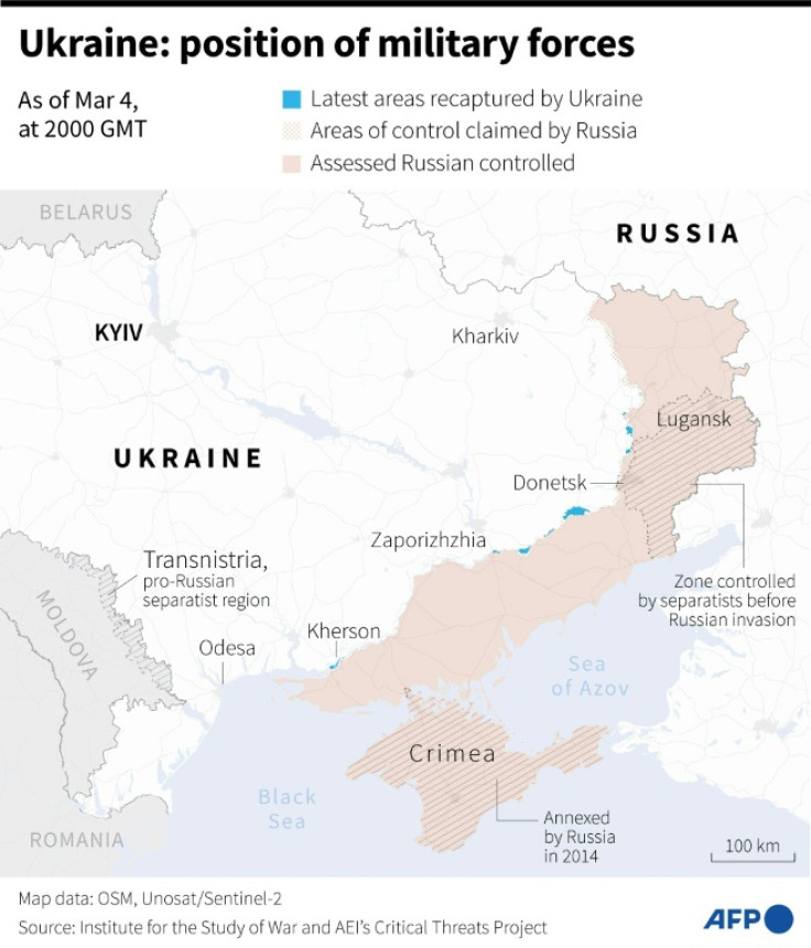 Map of areas controlled by Ukrainian and Russian forces in Ukraine, as of March 4, 2000 GMT