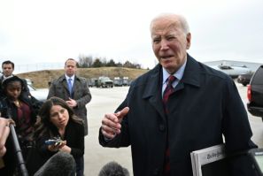 US President Joe Biden speaks to reporters before boarding Air Force One at Hagerstown Regional Airport in Hagerstown, Maryland, on March 5, 2024.  Biden is returning to Washington, DC, after spending the weekend at the Camp David presidential retreat.