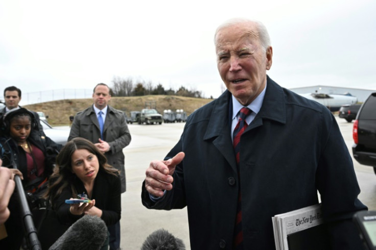US President Joe Biden speaks to reporters before boarding Air Force One at Hagerstown Regional Airport in Hagerstown, Maryland, on March 5, 2024.  Biden is returning to Washington, DC, after spending the weekend at the Camp David presidential retreat.