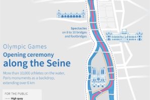 Map showing the route for the opening ceremony of the Paris Olympic Games on July 26, 2024.