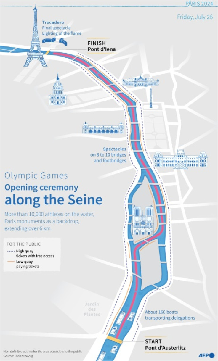 Map showing the route for the opening ceremony of the Paris Olympic Games on July 26, 2024.