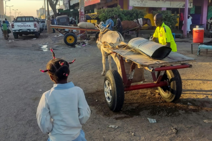 A girl walks past a donkey-drawn carriage in Gedaref state in eastern Sudan on February 20, 2024